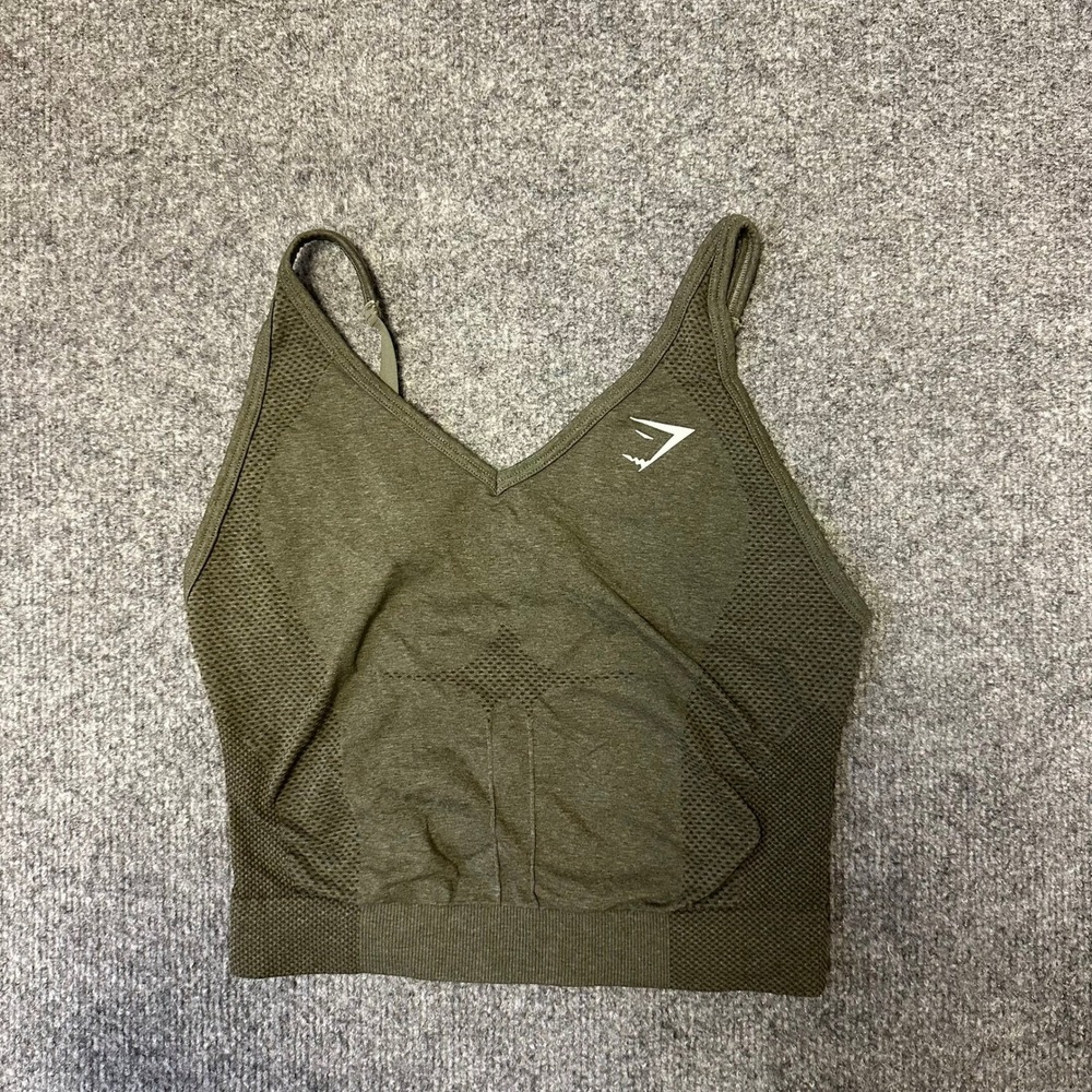 Gymshark Crop Top Womens Size S Olive Green Seamless Mesh Knit Athletic Tank